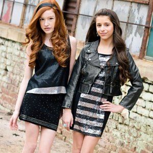 NEW sz 1Elisa B Tween Girls 2pc Black Chiffon Overlay Sequined Top & Mini Skirt